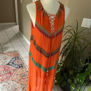 NWOT Silk Beaded Dress Artelier Nicole Miller Tie Front Lace Up Long Gown Boho